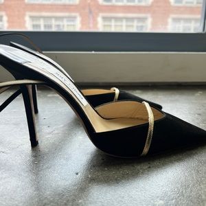 Jimmy choo black satin gold strapped heels size 40